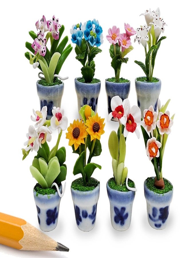 WitnyStore Tiny 2" High 8 Pieces Set Mix Hand Made Artificial Flowers Realistic Colorful Miniature Modelling Clay Flower Pots Brilliant Variety of Imitation House Plant Species Home Decoration - Image 1